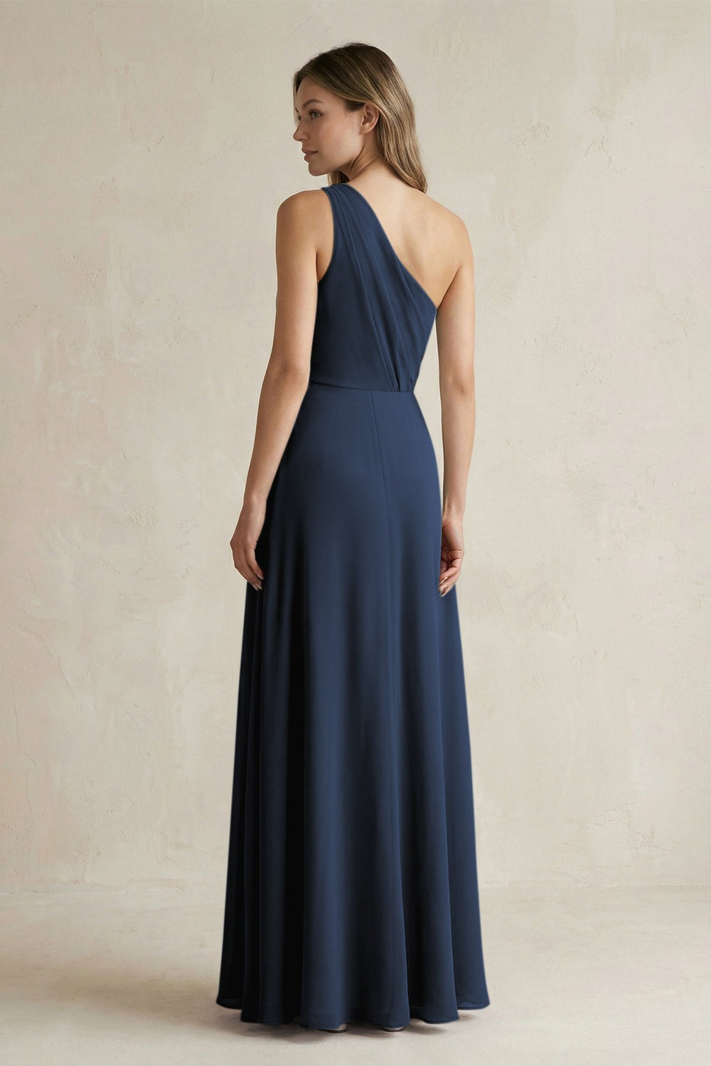 One-Shoulder Chiffon A-Line Bridesmaid Dress With Slit in Dark Navy - KissProm BRIDESMAID DRESSES