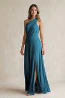 One-Shoulder Chiffon A-Line Bridesmaid Dress With Slit in Dark Teal - KissProm BRIDESMAID DRESSES