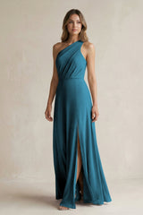 One-Shoulder Chiffon A-Line Bridesmaid Dress With Slit in Dark Teal - KissProm BRIDESMAID DRESSES