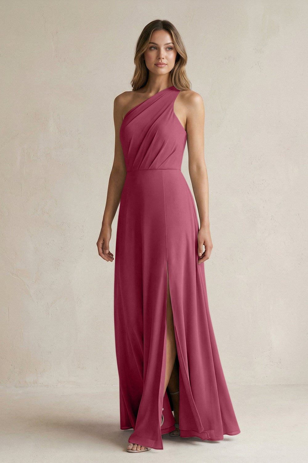 One-Shoulder Chiffon A-Line Bridesmaid Dress With Slit in Desert Rose - KissProm BRIDESMAID DRESSES
