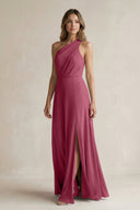 One-Shoulder Chiffon A-Line Bridesmaid Dress With Slit in Desert Rose - KissProm BRIDESMAID DRESSES