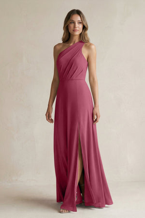 One-Shoulder Chiffon A-Line Bridesmaid Dress With Slit in Desert Rose - KissProm BRIDESMAID DRESSES