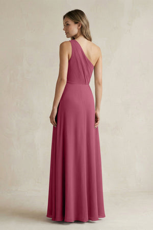 One-Shoulder Chiffon A-Line Bridesmaid Dress With Slit in Desert Rose - KissProm BRIDESMAID DRESSES