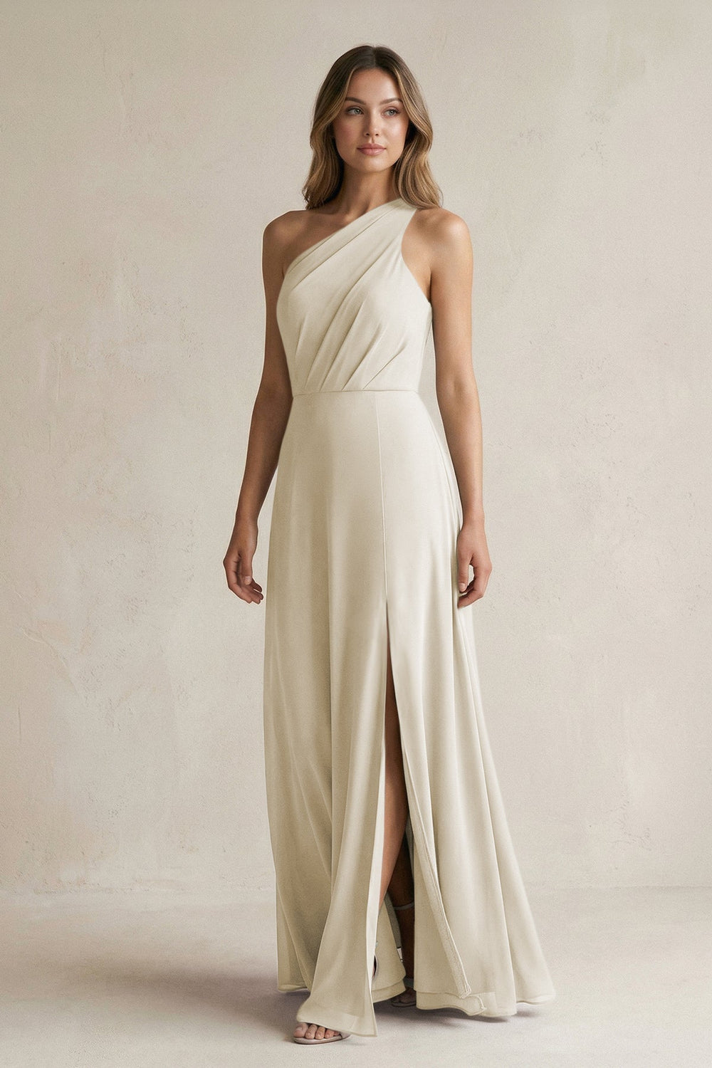 One-Shoulder Chiffon A-Line Bridesmaid Dress With Slit in Dove Gray - KissProm BRIDESMAID DRESSES