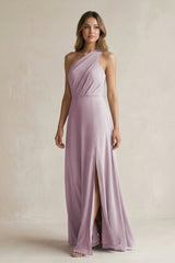 One-Shoulder Chiffon A-Line Bridesmaid Dress With Slit in Dusk - KissProm BRIDESMAID DRESSES