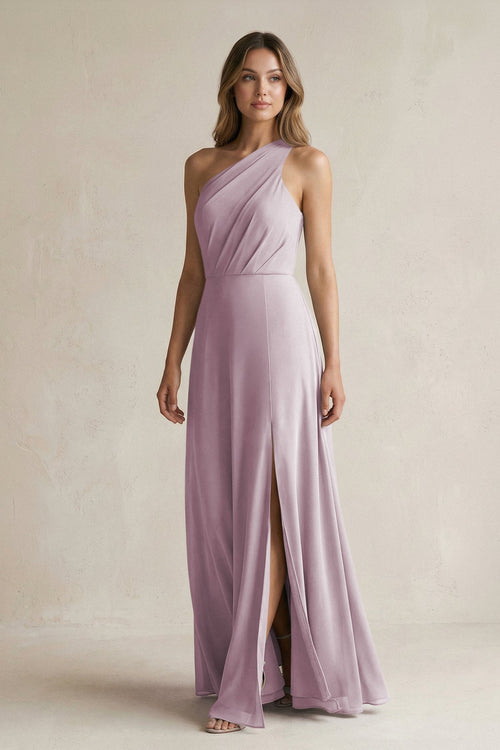 One-Shoulder Chiffon A-Line Bridesmaid Dress With Slit in Dusk - KissProm BRIDESMAID DRESSES