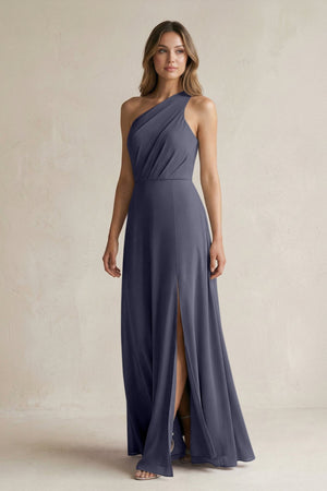 One-Shoulder Chiffon A-Line Bridesmaid Dress With Slit in Dusk Blue - KissProm BRIDESMAID DRESSES