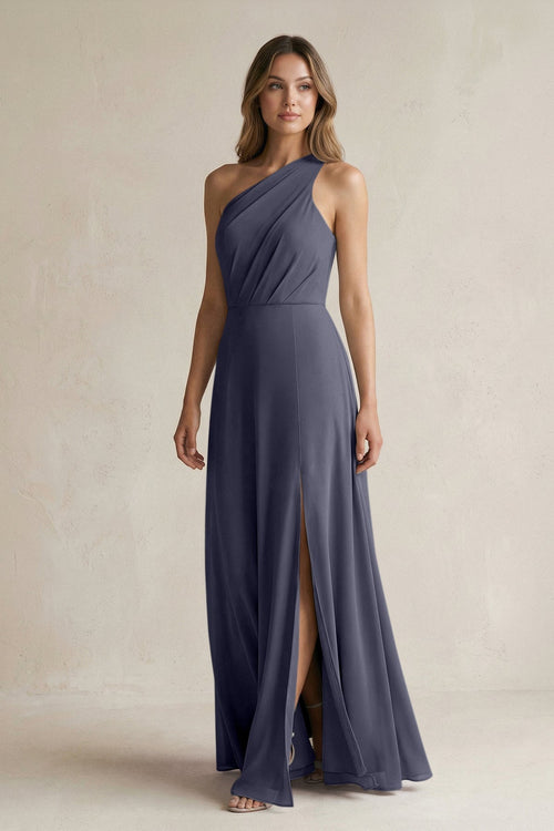 One-Shoulder Chiffon A-Line Bridesmaid Dress With Slit in Dusk Blue - KissProm BRIDESMAID DRESSES