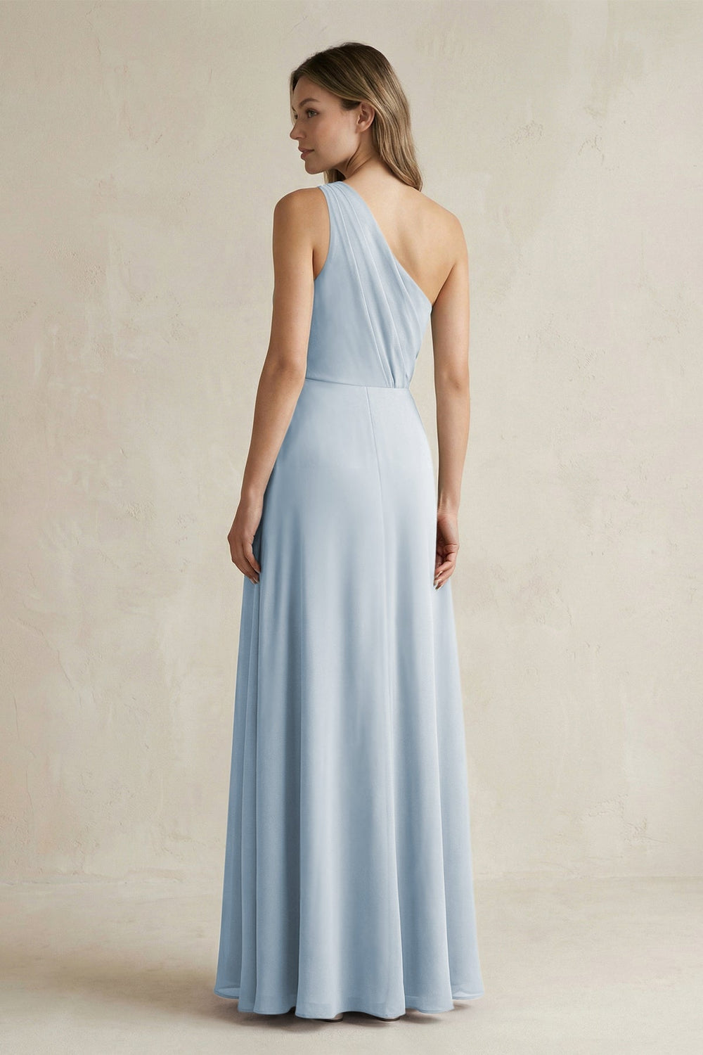 One-Shoulder Chiffon A-Line Bridesmaid Dress With Slit in Dusty Blue - KissProm BRIDESMAID DRESSES