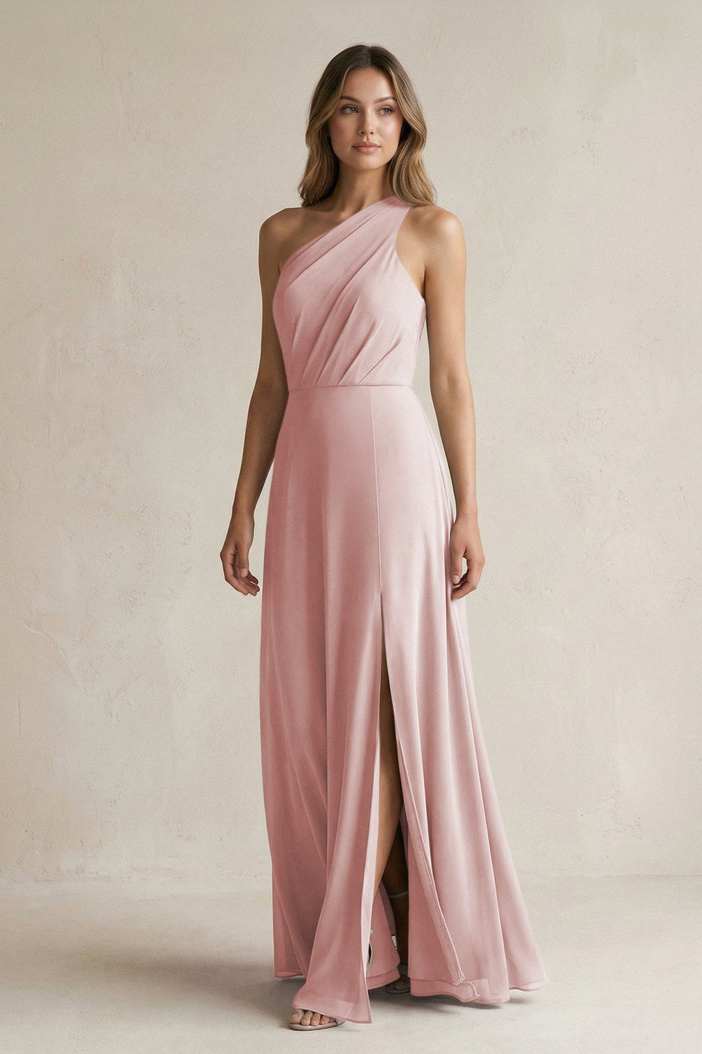 One-Shoulder Chiffon A-Line Bridesmaid Dress With Slit in Dusty Rose - KissProm BRIDESMAID DRESSES