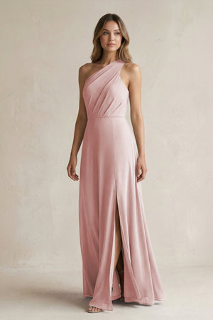 One-Shoulder Chiffon A-Line Bridesmaid Dress With Slit in Dusty Rose - KissProm BRIDESMAID DRESSES