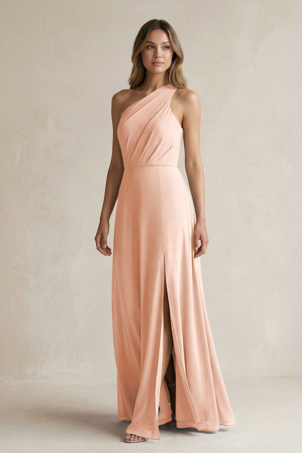 One-Shoulder Chiffon A-Line Bridesmaid Dress With Slit in English Rose - KissProm BRIDESMAID DRESSES