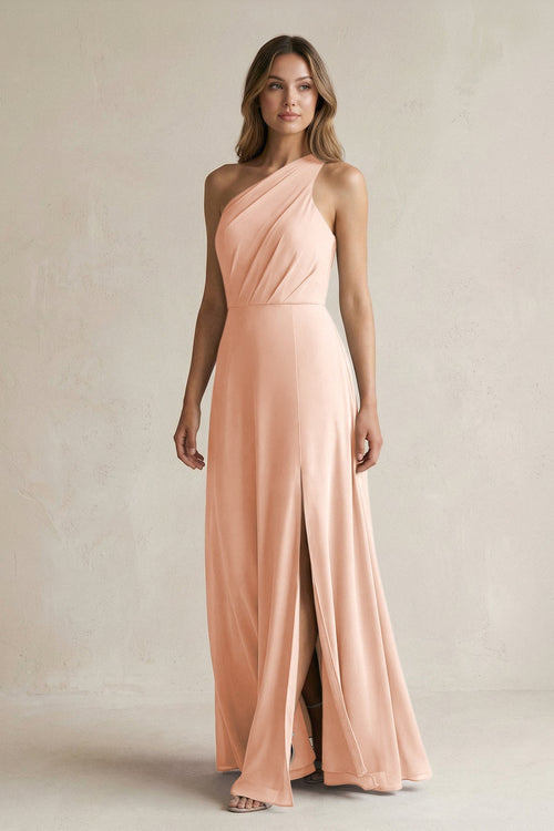 One-Shoulder Chiffon A-Line Bridesmaid Dress With Slit in English Rose - KissProm BRIDESMAID DRESSES