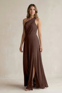 One-Shoulder Chiffon A-Line Bridesmaid Dress With Slit in Espresso - KissProm BRIDESMAID DRESSES