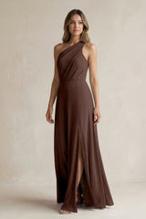 One-Shoulder Chiffon A-Line Bridesmaid Dress With Slit in Espresso - KissProm BRIDESMAID DRESSES
