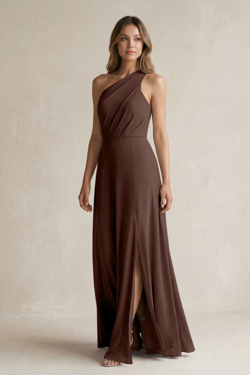 One-Shoulder Chiffon A-Line Bridesmaid Dress With Slit in Espresso - KissProm BRIDESMAID DRESSES