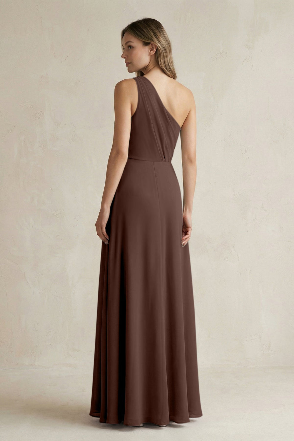 One-Shoulder Chiffon A-Line Bridesmaid Dress With Slit in Espresso - KissProm BRIDESMAID DRESSES