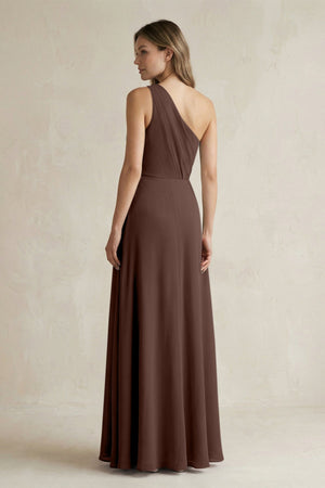 One-Shoulder Chiffon A-Line Bridesmaid Dress With Slit in Espresso - KissProm BRIDESMAID DRESSES