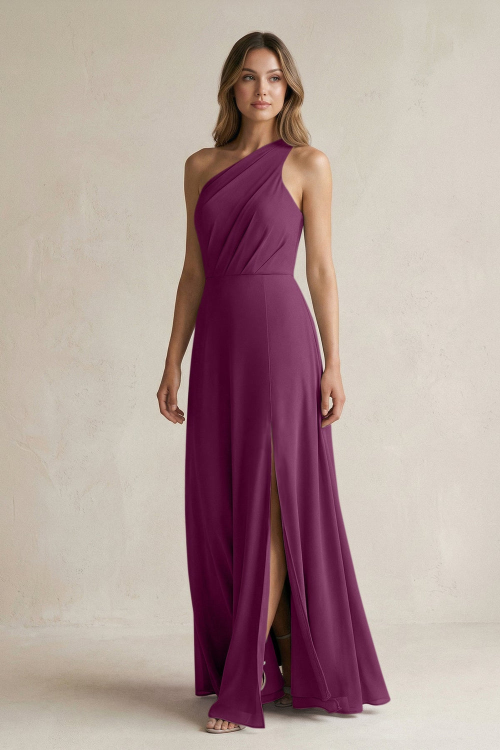 One-Shoulder Chiffon A-Line Bridesmaid Dress With Slit in Fig - KissProm BRIDESMAID DRESSES
