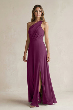 One-Shoulder Chiffon A-Line Bridesmaid Dress With Slit in Fig - KissProm BRIDESMAID DRESSES