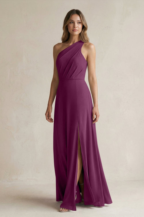 One-Shoulder Chiffon A-Line Bridesmaid Dress With Slit in Fig - KissProm BRIDESMAID DRESSES