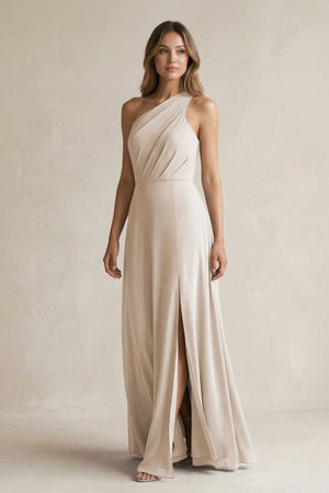 One-Shoulder Chiffon A-Line Bridesmaid Dress With Slit in Frost - KissProm BRIDESMAID DRESSES