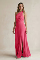 One-Shoulder Chiffon A-Line Bridesmaid Dress With Slit in Fuchsia - KissProm BRIDESMAID DRESSES