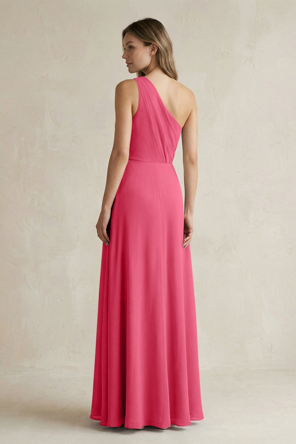 One-Shoulder Chiffon A-Line Bridesmaid Dress With Slit in Fuchsia - KissProm BRIDESMAID DRESSES