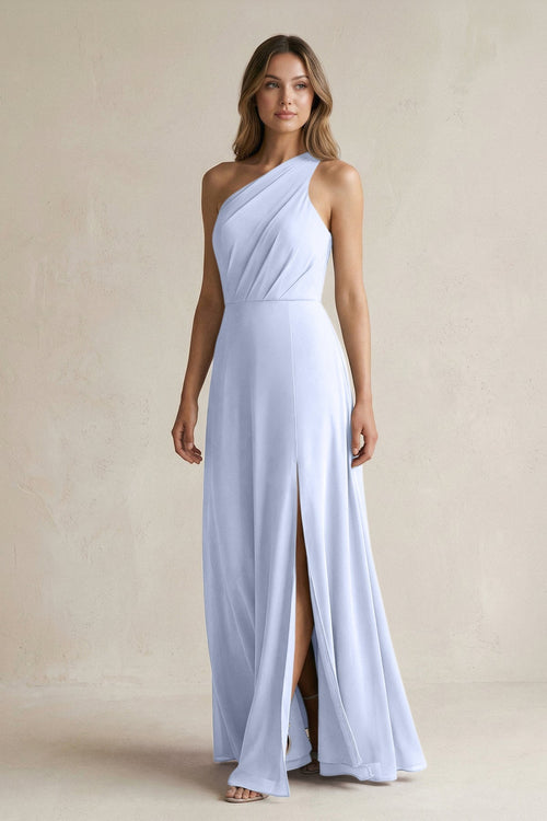 One-Shoulder Chiffon A-Line Bridesmaid Dress With Slit in Ice - KissProm BRIDESMAID DRESSES