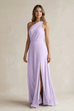 One-Shoulder Chiffon A-Line Bridesmaid Dress With Slit in Lavender - KissProm BRIDESMAID DRESSES