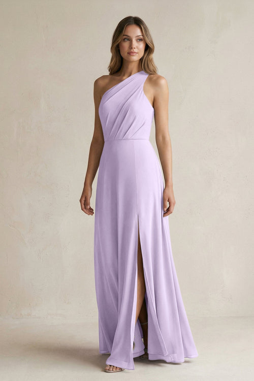 One-Shoulder Chiffon A-Line Bridesmaid Dress With Slit in Lavender - KissProm BRIDESMAID DRESSES