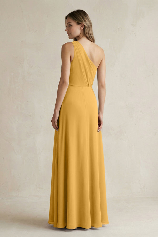 One-Shoulder Chiffon A-Line Bridesmaid Dress With Slit in Marigold - KissProm BRIDESMAID DRESSES