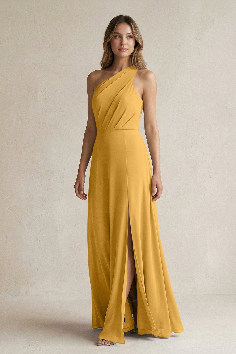 One-Shoulder Chiffon A-Line Bridesmaid Dress With Slit in Marigold - KissProm BRIDESMAID DRESSES