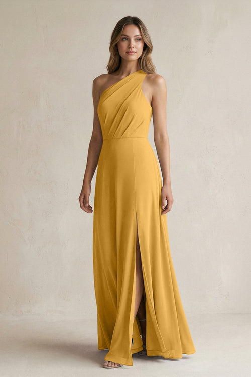 One-Shoulder Chiffon A-Line Bridesmaid Dress With Slit in Marigold - KissProm BRIDESMAID DRESSES