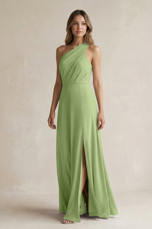 One-Shoulder Chiffon A-Line Bridesmaid Dress With Slit in Matcha - KissProm BRIDESMAID DRESSES