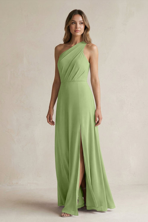 One-Shoulder Chiffon A-Line Bridesmaid Dress With Slit in Matcha - KissProm BRIDESMAID DRESSES