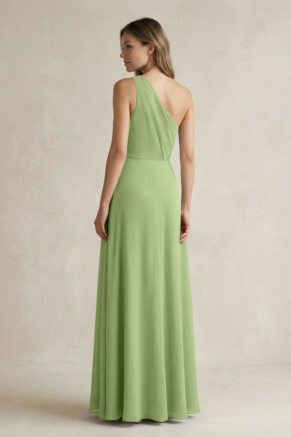 One-Shoulder Chiffon A-Line Bridesmaid Dress With Slit in Matcha - KissProm BRIDESMAID DRESSES