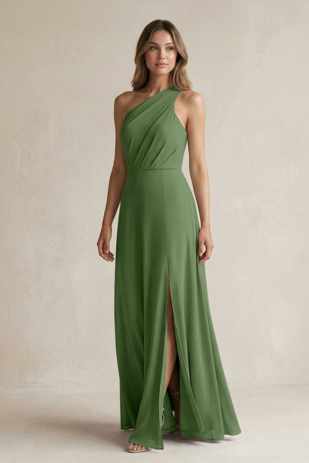 One-Shoulder Chiffon A-Line Bridesmaid Dress With Slit in Moss - KissProm BRIDESMAID DRESSES