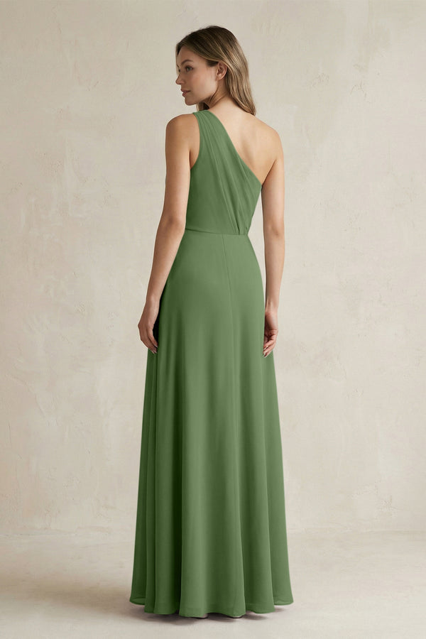 One-Shoulder Chiffon A-Line Bridesmaid Dress With Slit in Moss - KissProm BRIDESMAID DRESSES