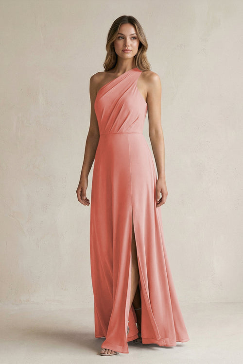 One-Shoulder Chiffon A-Line Bridesmaid Dress With Slit in Mulberry - KissProm BRIDESMAID DRESSES