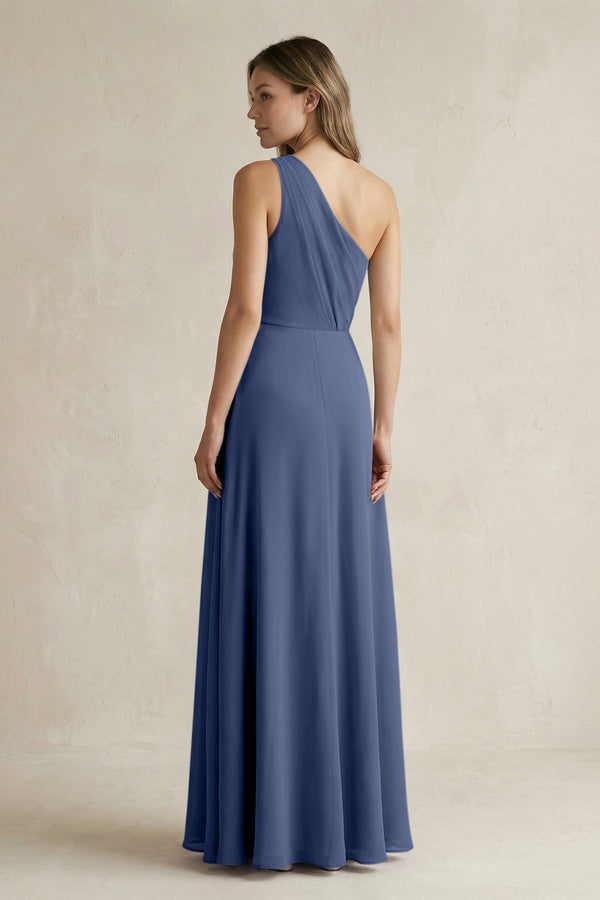 One-Shoulder Chiffon A-Line Bridesmaid Dress With Slit in Navy - KissProm BRIDESMAID DRESSES