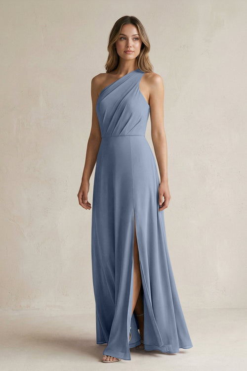 One-Shoulder Chiffon A-Line Bridesmaid Dress With Slit in Neptune - KissProm BRIDESMAID DRESSES