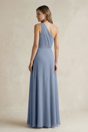 One-Shoulder Chiffon A-Line Bridesmaid Dress With Slit in Neptune - KissProm BRIDESMAID DRESSES