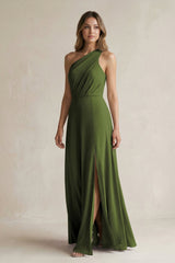 One-Shoulder Chiffon A-Line Bridesmaid Dress With Slit in Olive - KissProm BRIDESMAID DRESSES