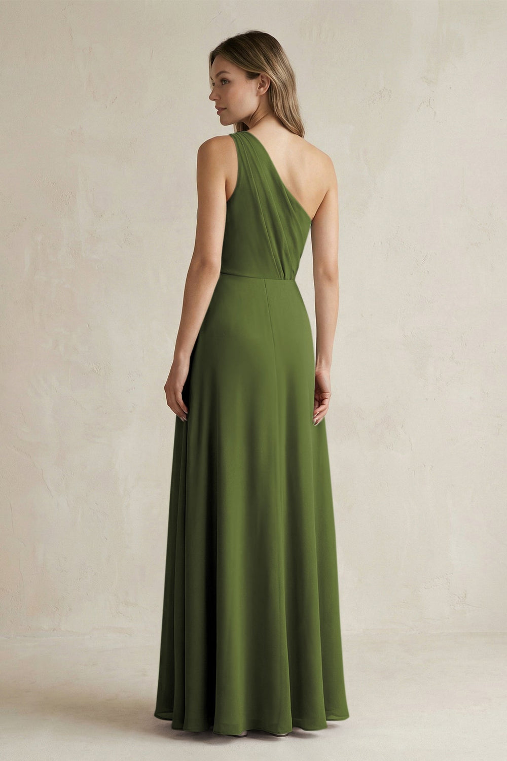 One-Shoulder Chiffon A-Line Bridesmaid Dress With Slit in Olive - KissProm BRIDESMAID DRESSES