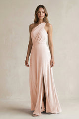 One-Shoulder Chiffon A-Line Bridesmaid Dress With Slit in Pale Blush - KissProm BRIDESMAID DRESSES