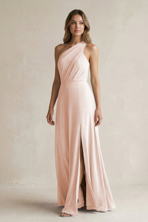 One-Shoulder Chiffon A-Line Bridesmaid Dress With Slit in Pale Blush - KissProm BRIDESMAID DRESSES
