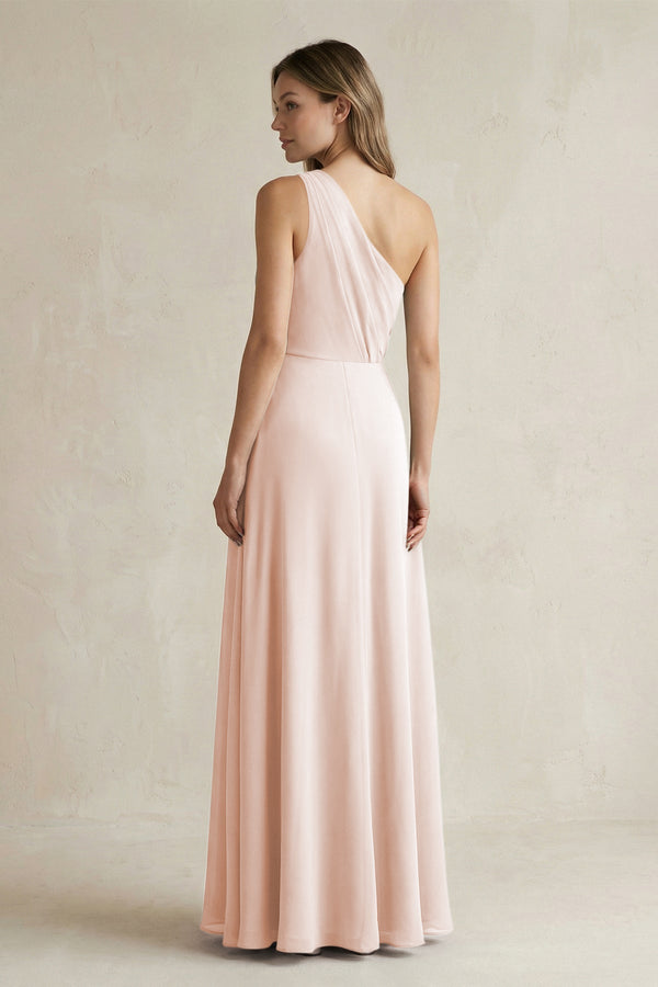 One-Shoulder Chiffon A-Line Bridesmaid Dress With Slit in Pale Blush - KissProm BRIDESMAID DRESSES