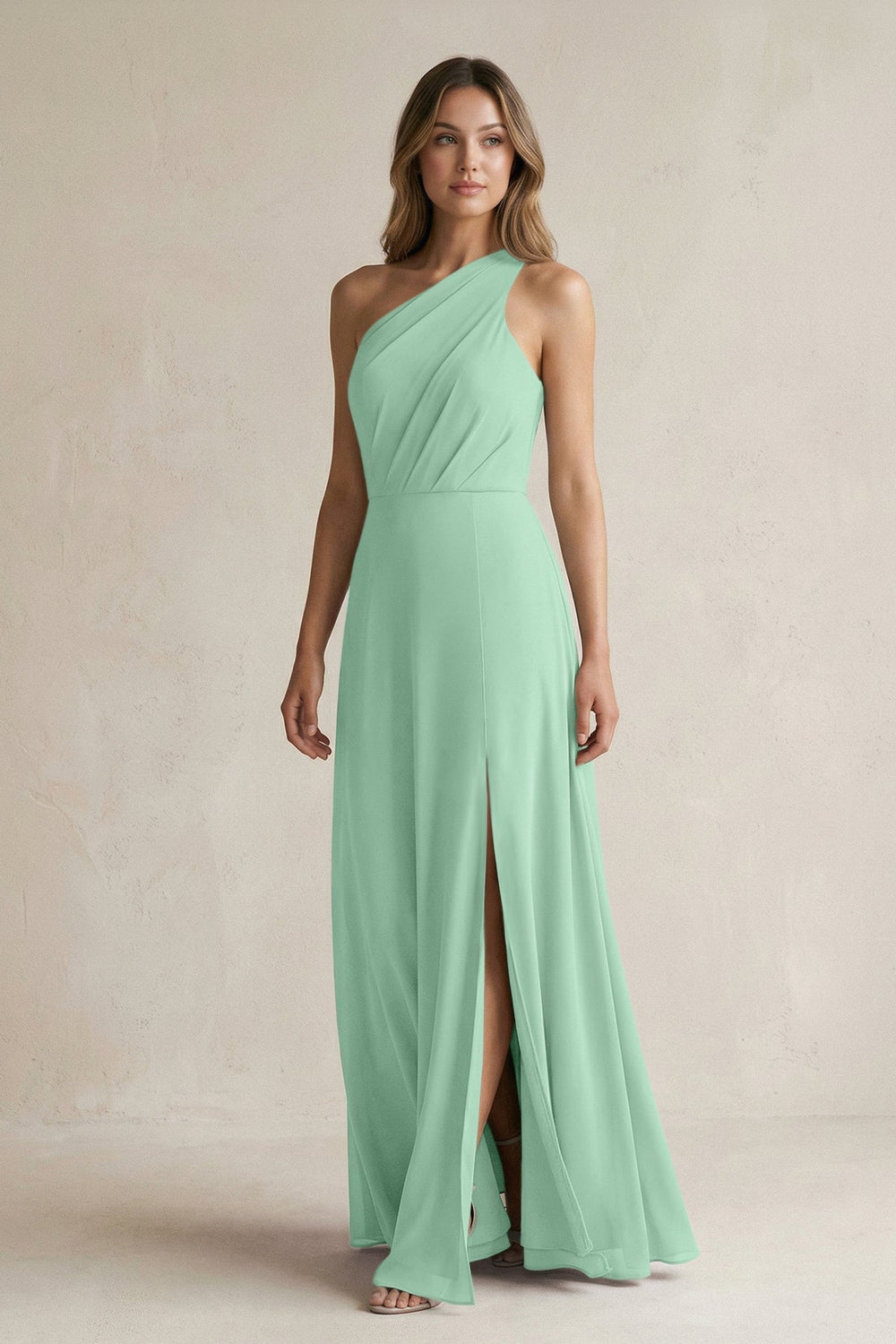 One-Shoulder Chiffon A-Line Bridesmaid Dress With Slit in Pale Pistachio - KissProm BRIDESMAID DRESSES