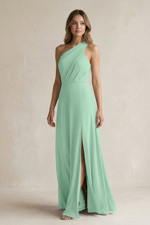 One-Shoulder Chiffon A-Line Bridesmaid Dress With Slit in Pale Pistachio - KissProm BRIDESMAID DRESSES